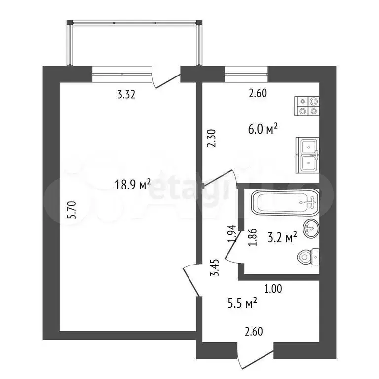 1-к. квартира, 33,6 м, 5/5 эт. - Фото 0