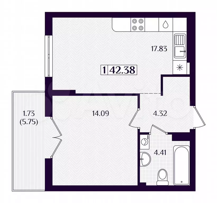 1-к. квартира, 42,4 м, 2/7 эт. - Фото 1