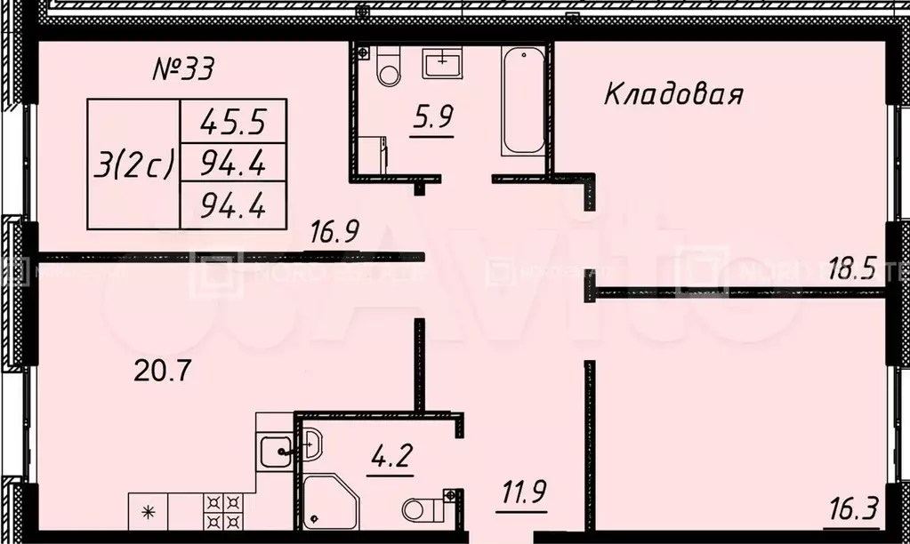 3-к. квартира, 94,4м, 1/9эт. - Фото 0