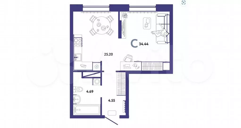 Квартира-студия, 34,4 м, 13/16 эт. - Фото 0