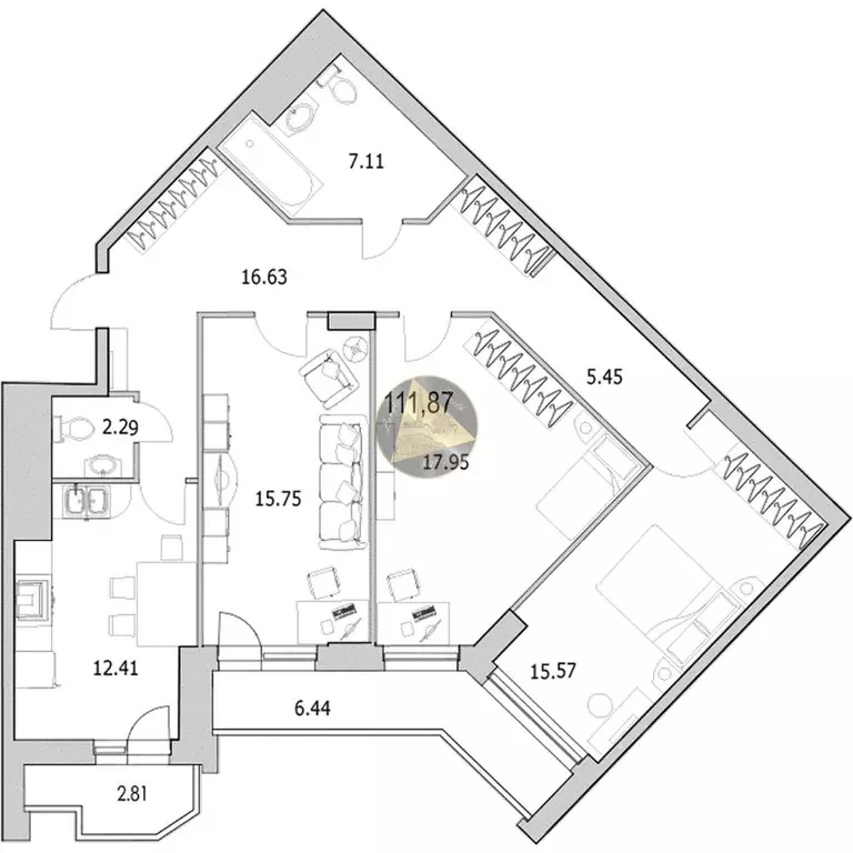 3-к кв. Санкт-Петербург ул. Кустодиева, 5к1 (111.87 м) - Фото 2