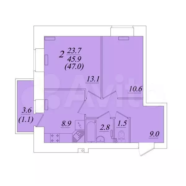 2-к. квартира, 47 м, 8/9 эт. - Фото 1