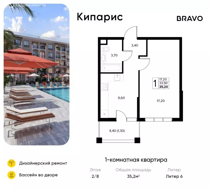 1-комнатная квартира: село Сукко, жилой комплекс Кипарис (35.2 м) - Фото 1