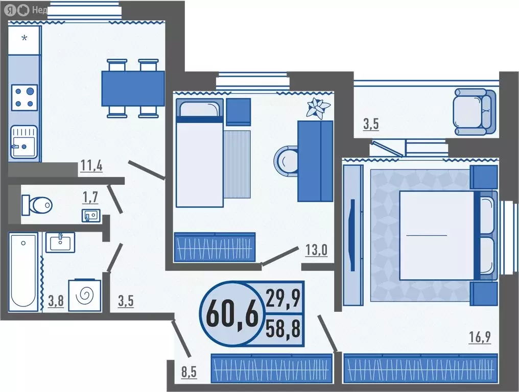 2-комнатная квартира: деревня Жилина, Яблоневая улица, 1к2 (60.7 м) - Фото 0