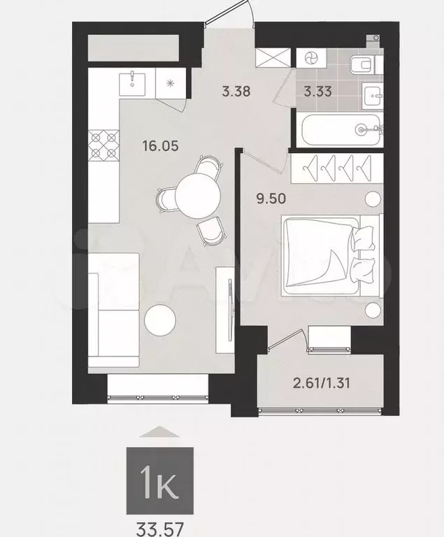 1-к. квартира, 33,3 м, 9/9 эт. - Фото 1