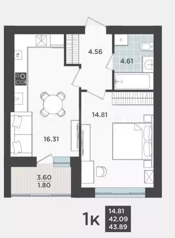2-к. квартира, 42,1 м, 1/9 эт. - Фото 1