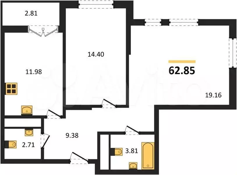 2-к. квартира, 66 м, 5/9 эт. - Фото 1