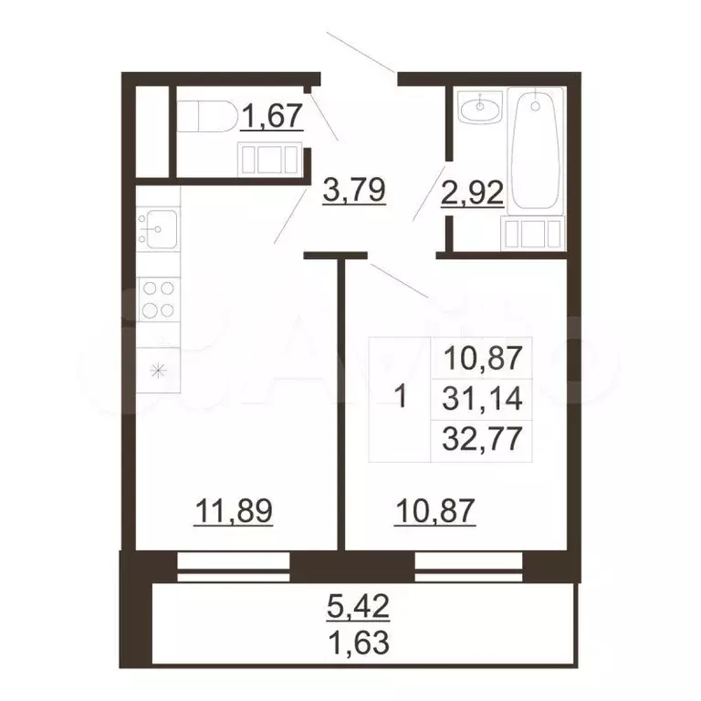 1-к. квартира, 32,8м, 4/6эт. - Фото 0