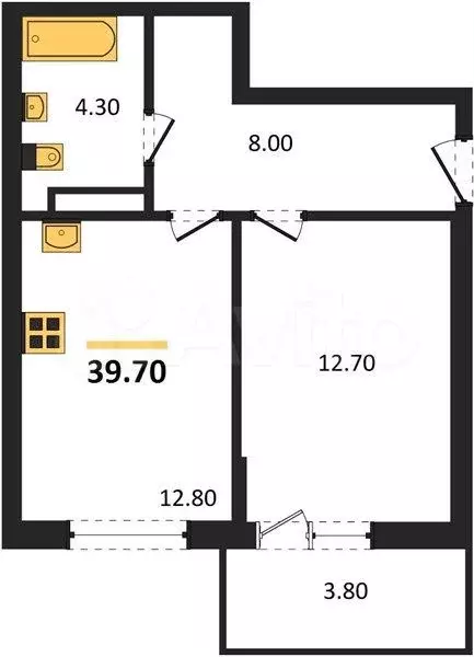 1-к. квартира, 39,7 м, 1/4 эт. - Фото 1