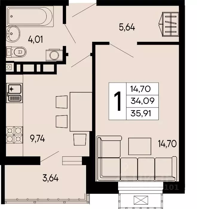 1-к кв. Адыгея, Майкоп 9 Мая ул. (35.91 м) - Фото 1