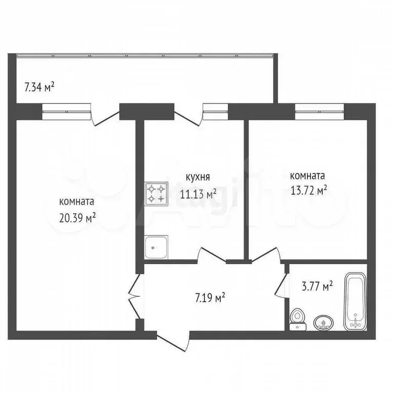 2-к. квартира, 56,5 м, 4/9 эт. - Фото 1