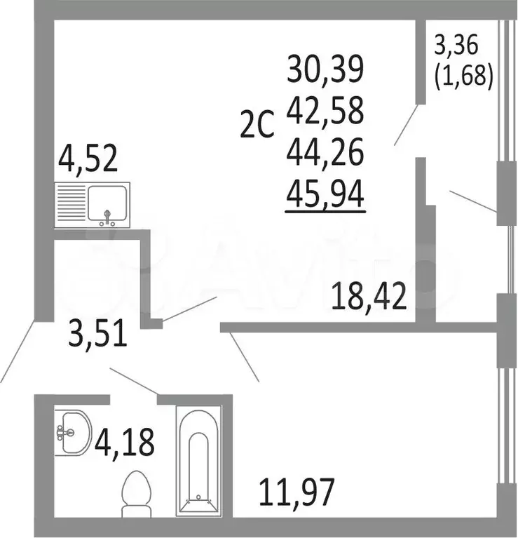 2-к. квартира, 45,9 м, 17/24 эт. - Фото 0