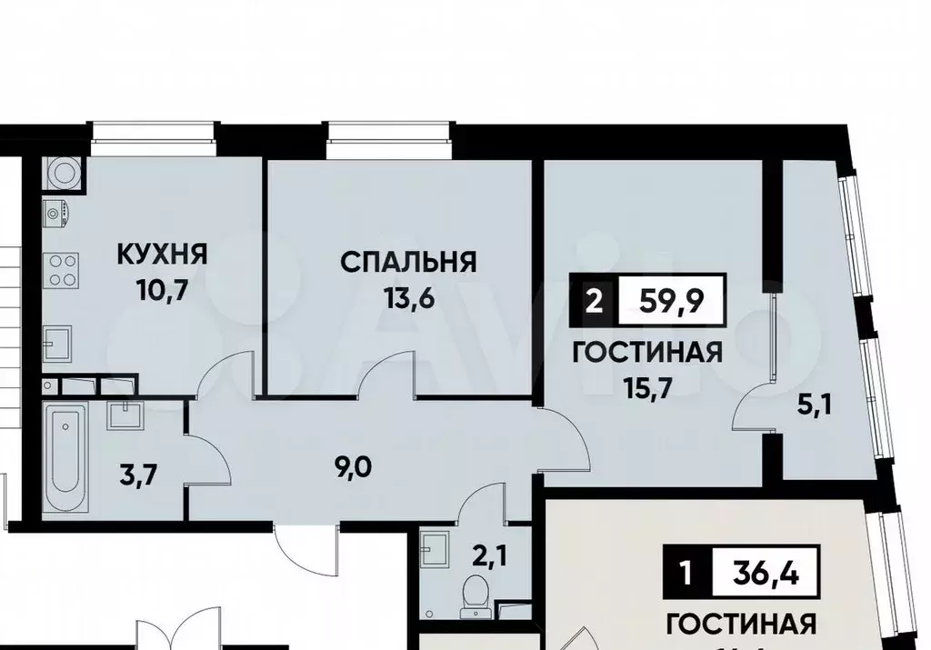 2-к. квартира, 60 м, 8/9 эт. - Фото 0