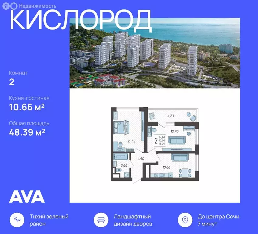 2-комнатная квартира: Сочи, жилой комплекс Кислород, 3 (48.39 м) - Фото 0