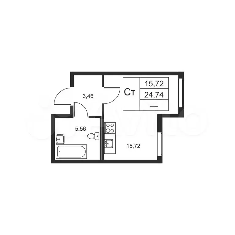 Квартира-студия, 24,7 м, 2/19 эт. - Фото 0