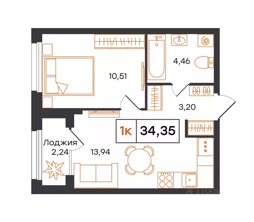 1-к кв. Тюменская область, Тюмень Полевая ул., 117к13 (34.35 м) - Фото 1