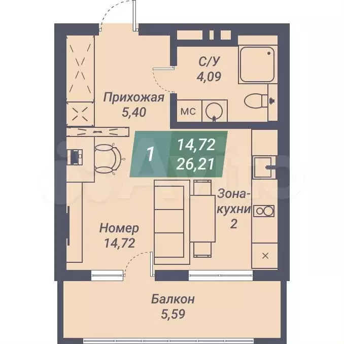 Апартаменты-студия, 26,2 м, 12/23 эт. - Фото 0