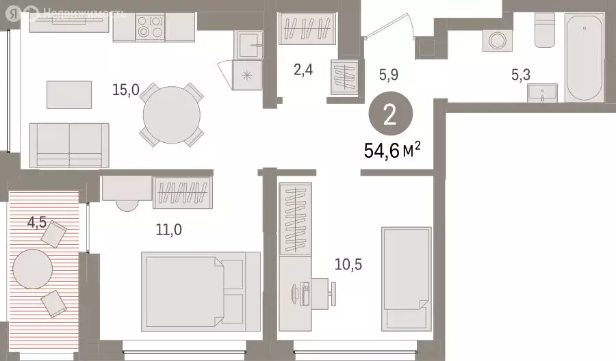2-комнатная квартира: Тюмень, ЖК Дом у Озера (54.64 м) - Фото 1