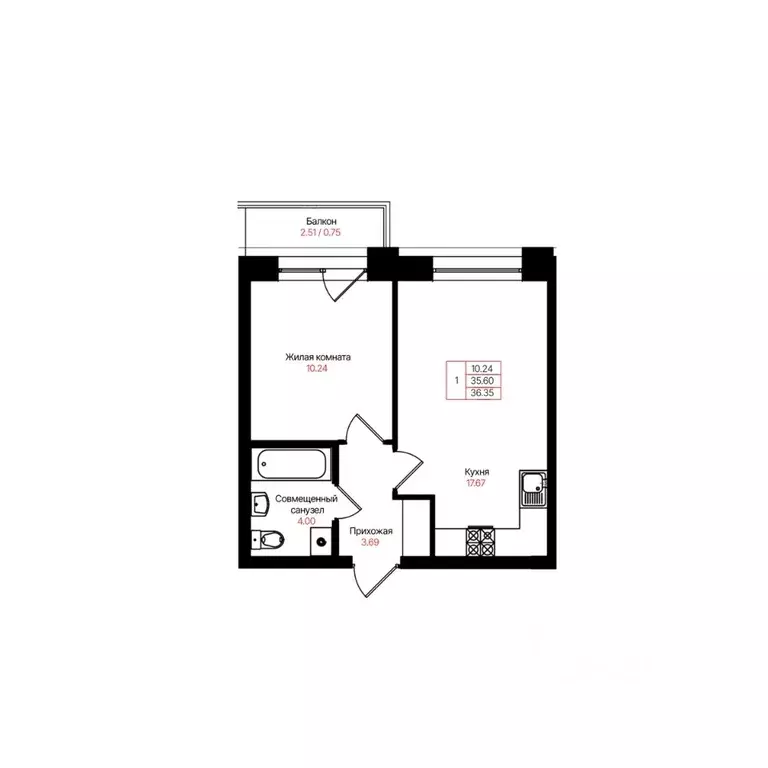 1-к кв. Татарстан, Казань Лето жилой комплекс (36.35 м) - Фото 2