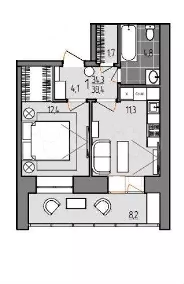 1-к. квартира, 38,4 м, 7/9 эт. - Фото 0