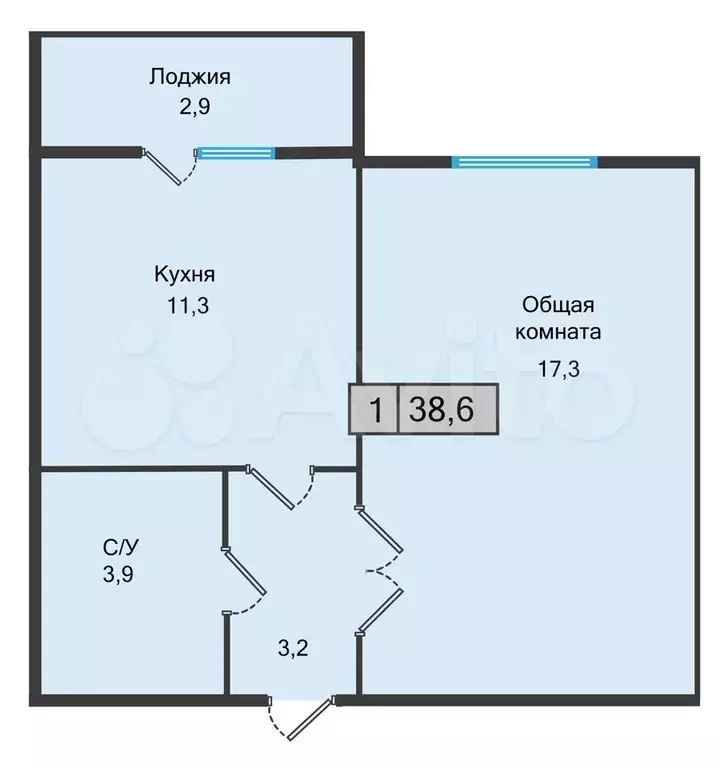 1-к. квартира, 38,6 м, 1/5 эт. - Фото 0