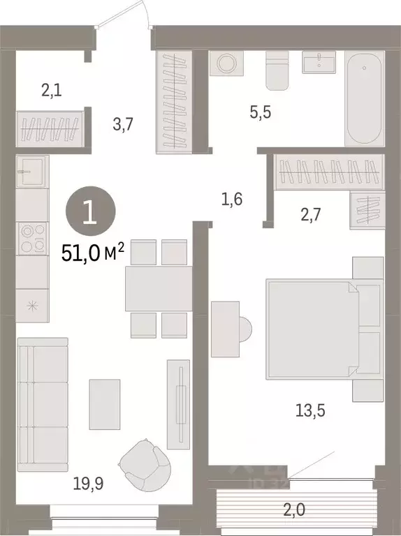 1-к кв. Тюменская область, Тюмень Речной Порт жилой комплекс (50.9 м) - Фото 2