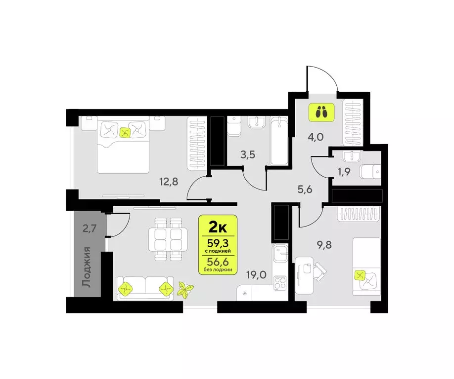 2-комнатная квартира: Тюмень, улица Первооткрывателей, 9 (59.3 м) - Фото 1