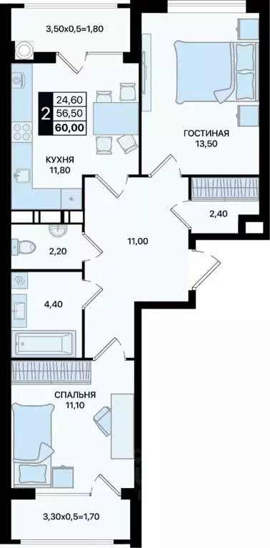 2-к кв. Ростовская область, Ростов-на-Дону просп. Шолохова (60.0 м) - Фото 0