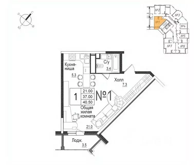 Студия Московская область, Наро-Фоминск ул. Новикова, 20/1 (37.3 м) - Фото 1