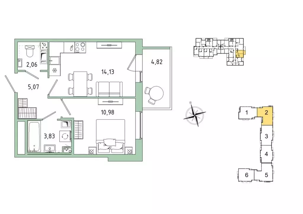 Квартира, 1 комната, 37.52 м - Фото 1