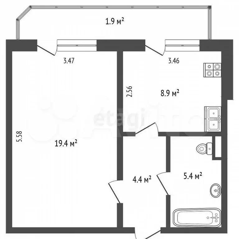 1-к. квартира, 38,1 м, 1/9 эт. - Фото 0