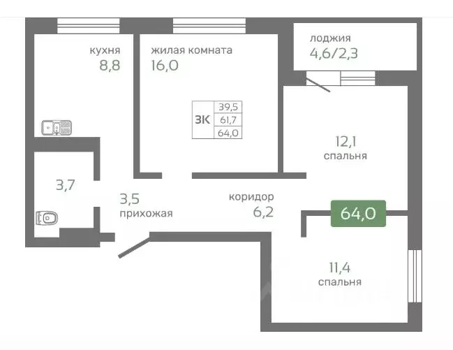 3-к кв. Красноярский край, Красноярск Норильская ул., 64 (62.0 м) - Фото 1