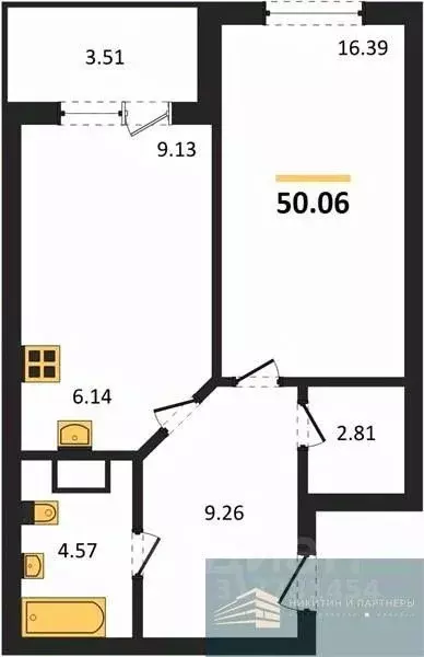 1-к кв. Воронежская область, Воронеж ул. Ломоносова, 116Б (50.1 м) - Фото 0