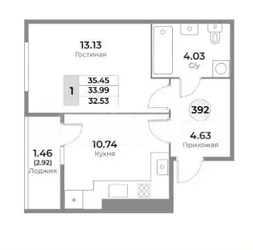 1-к. квартира, 35,5 м, 7/10 эт. - Фото 1