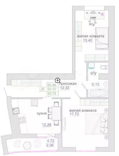 2-к. квартира, 63,7 м, 7/9 эт. - Фото 1