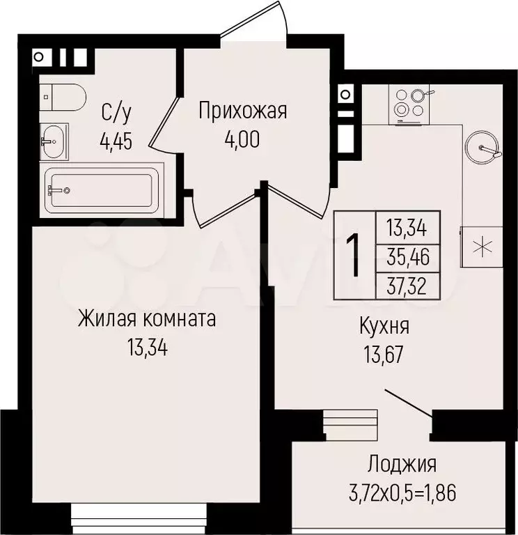 1-к. квартира, 37,3 м, 9/15 эт. - Фото 0