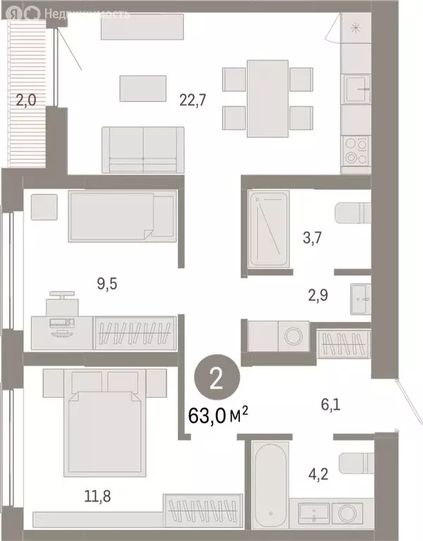 2-комнатная квартира: Новосибирск, Большевистская улица, с49 (62.97 м) - Фото 0