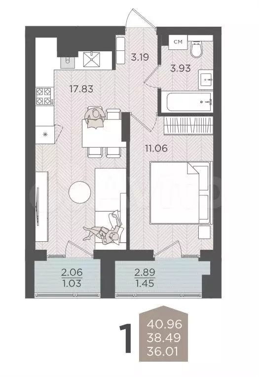 1-к. квартира, 38,5 м, 1/9 эт. - Фото 1