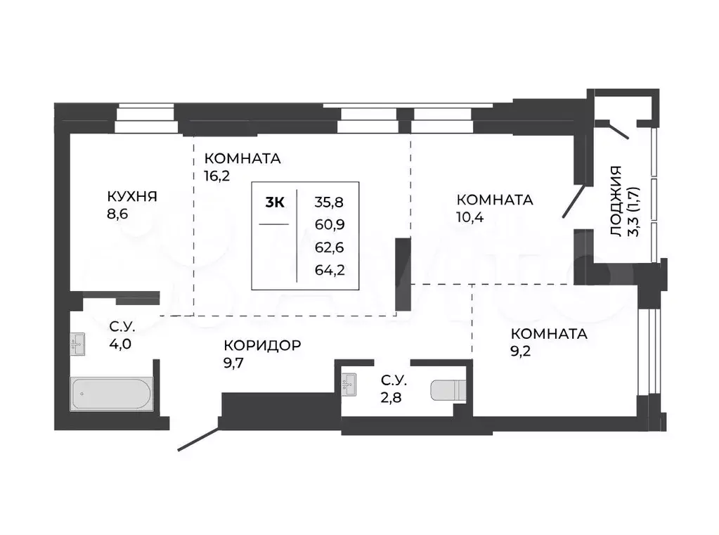 3-к. квартира, 62,6 м, 4/21 эт. - Фото 1