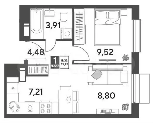 1-к. квартира, 33,9 м, 3/15 эт. - Фото 0