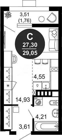 Квартира-студия, 29 м, 4/10 эт. - Фото 1