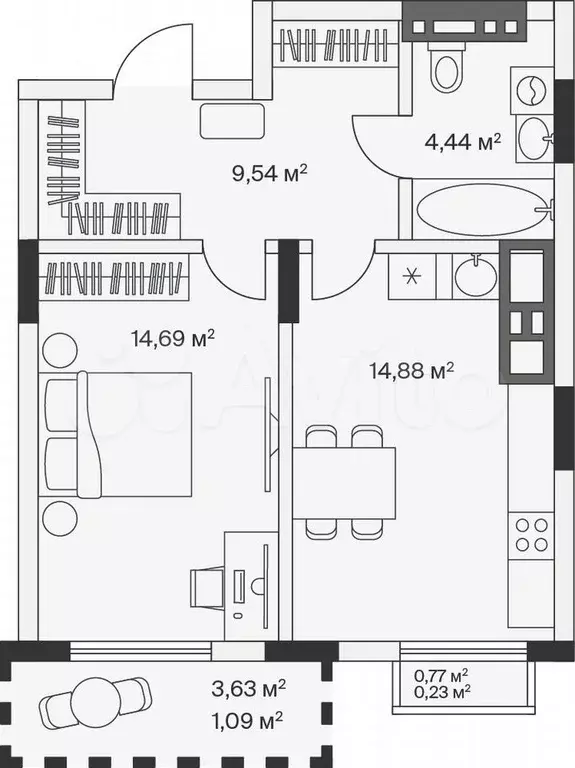 1-к. квартира, 44,9 м, 7/7 эт. - Фото 1