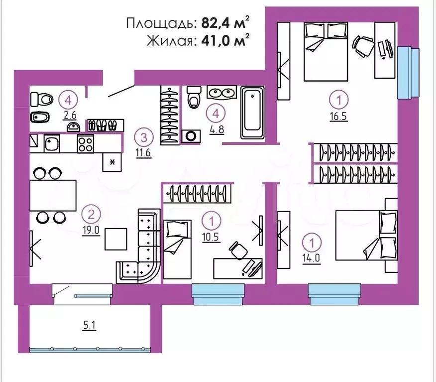 3-к. квартира, 82,4 м, 1/9 эт. - Фото 1