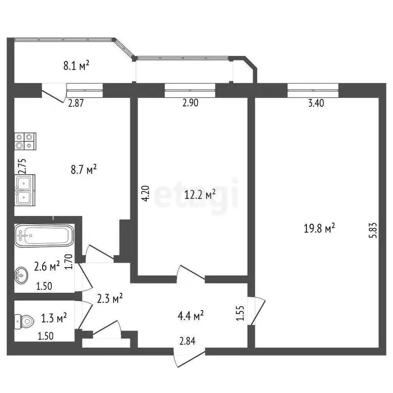 Квартира, 2 комнаты, 55.8 м - Фото 1