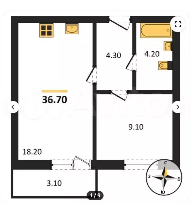 1-к. квартира, 36,7 м, 2/8 эт. - Фото 1