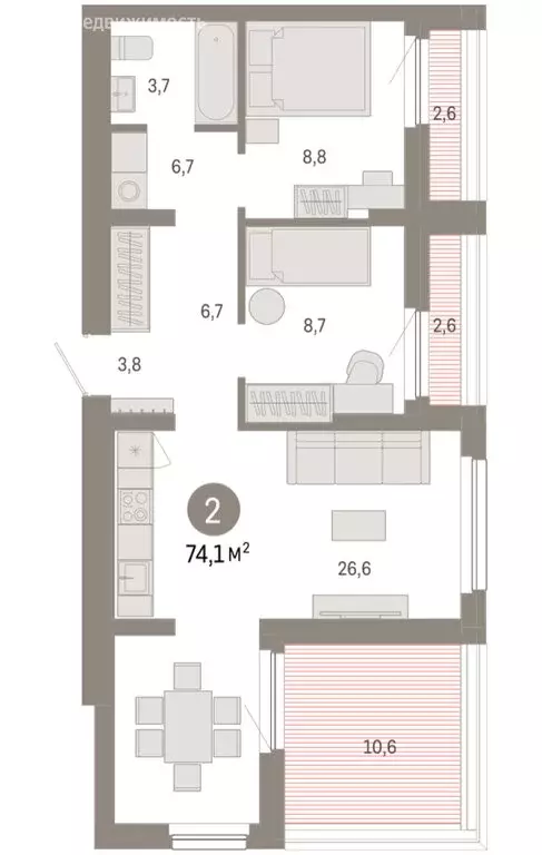 2-комнатная квартира: Новосибирск, квартал Лебедевский, 1/3 (74.1 м) - Фото 2