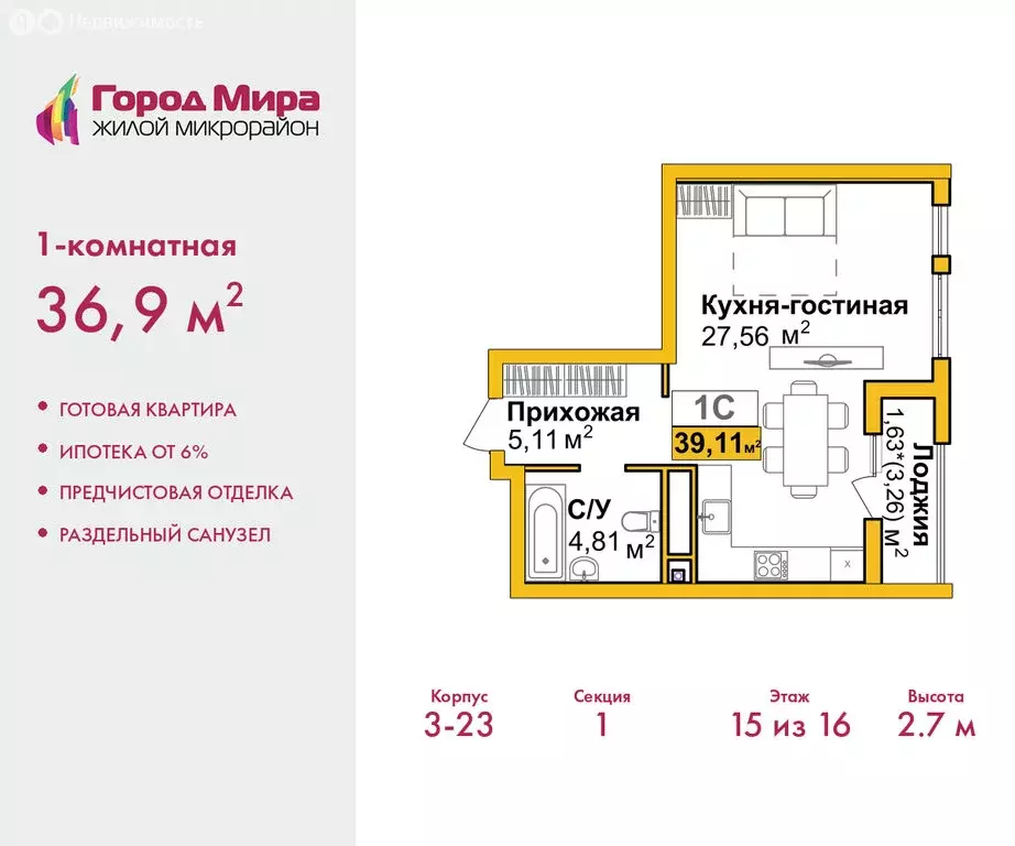 1-комнатная квартира: Симферополь, улица Батурина, 177к2 (36.9 м) - Фото 1
