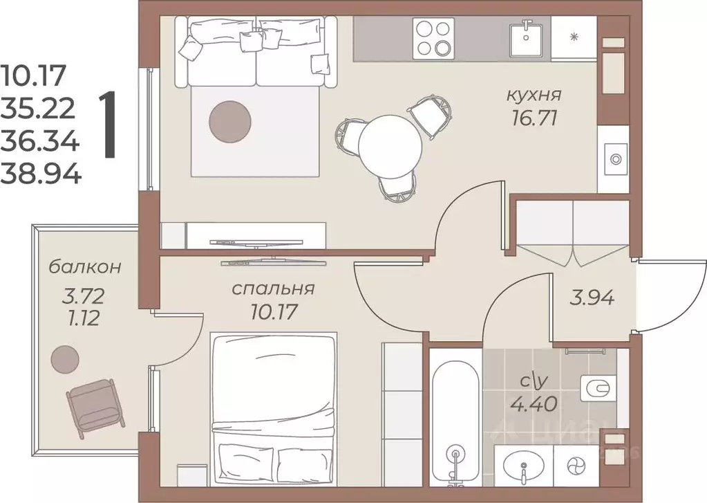1-к кв. Калининградская область, Балтийск  (38.94 м) - Фото 1