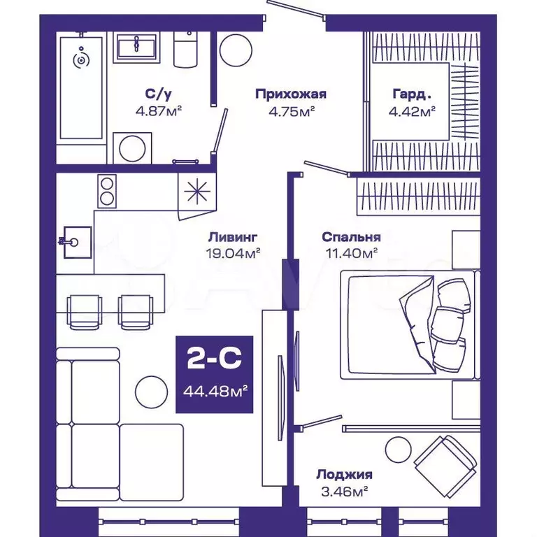 2-к. квартира, 44,5 м, 7/8 эт. - Фото 0