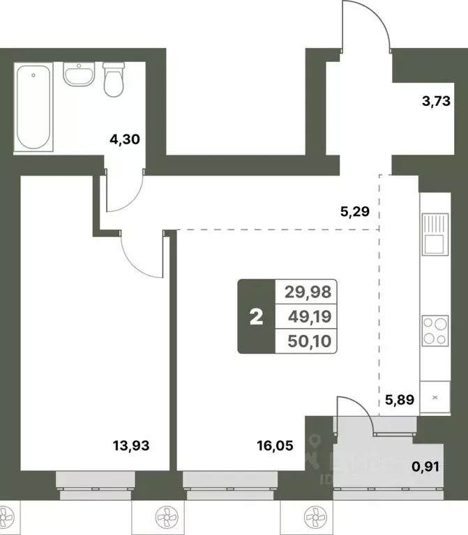 2-к кв. Башкортостан, Уфимский район, с. Миловка  (50.1 м) - Фото 1